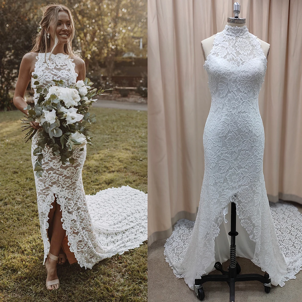 High Halter Neck Floral Lace Sheath Wedding Gowns Custom Made Drop Ship Fishtail Skirt Plus Size Open Back Buttons Bridal Dress