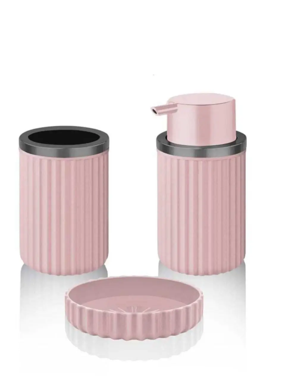 3 Pcs Pink Plastic Bathroom Accessories Set Durable Toothbrush Holder Liquid Soap Dispenser Soap Holder Stylish Made in Turkey