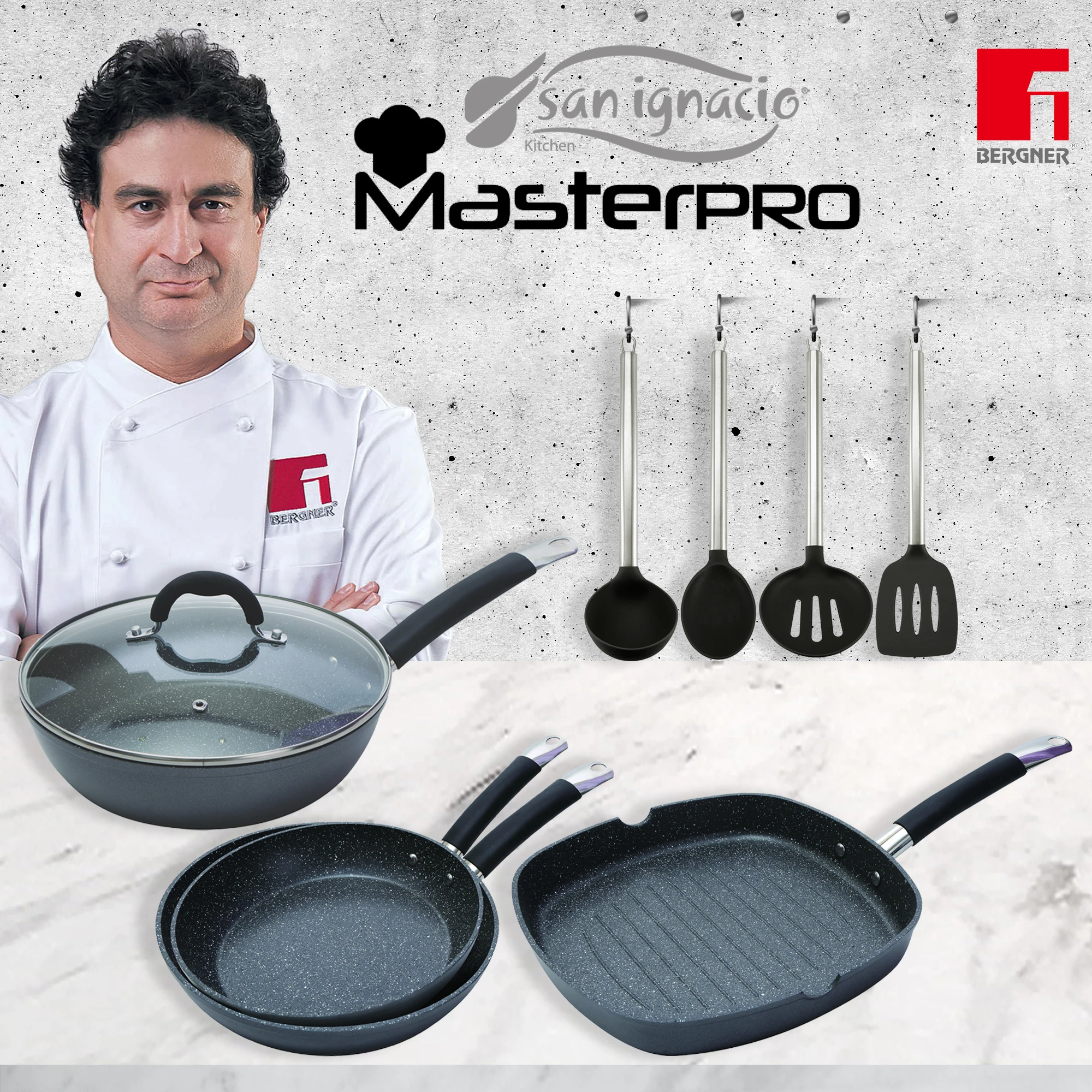 BERGNER kitchen sets with forged aluminium pans, kitchen utensils in nylon collection Masterpro home black