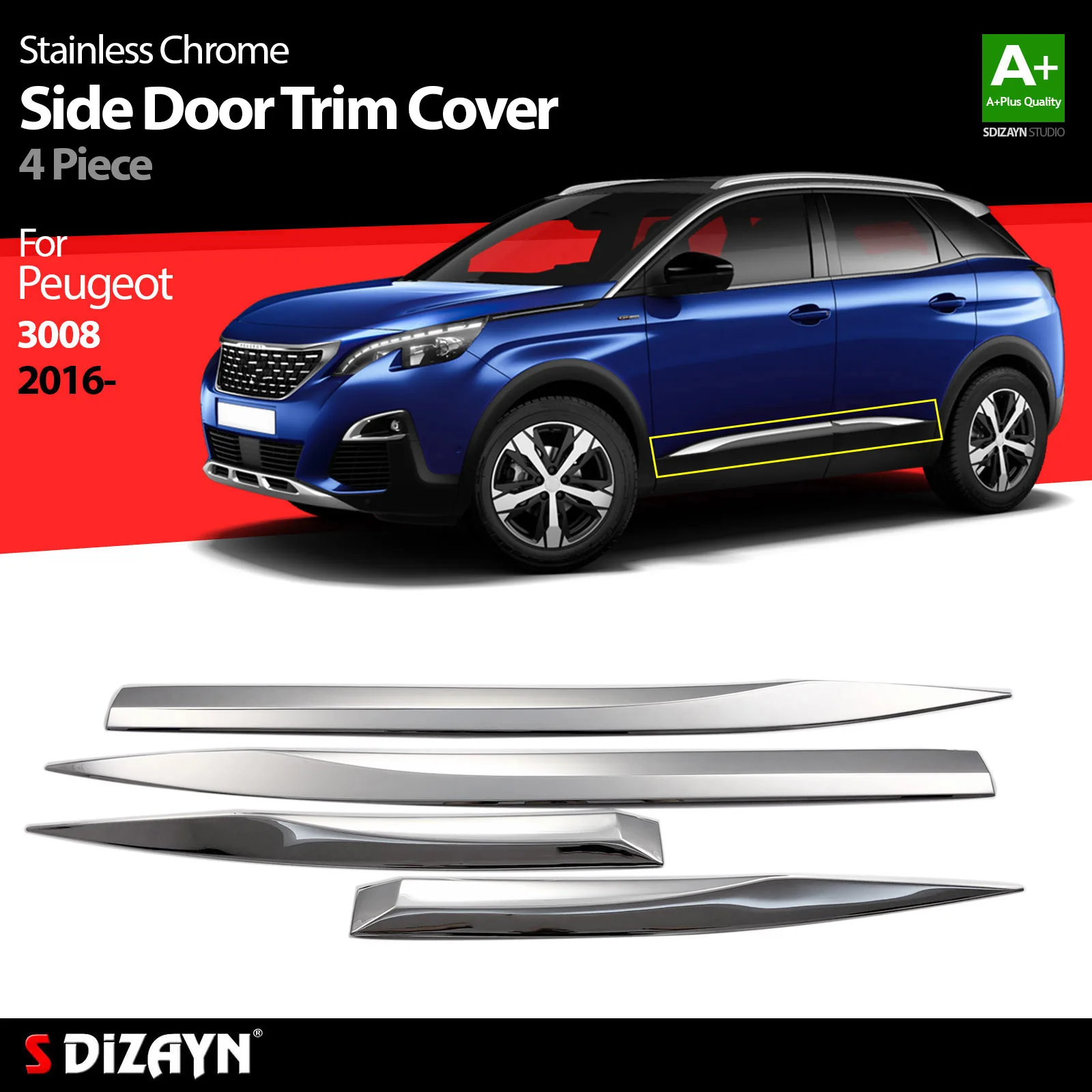 S Dizayn For Peugeot 3008 Chrome Side Door Trim Cover Stainless Steel 4 Pcs Exterior Car Accessories Parts Auto Products Sticker