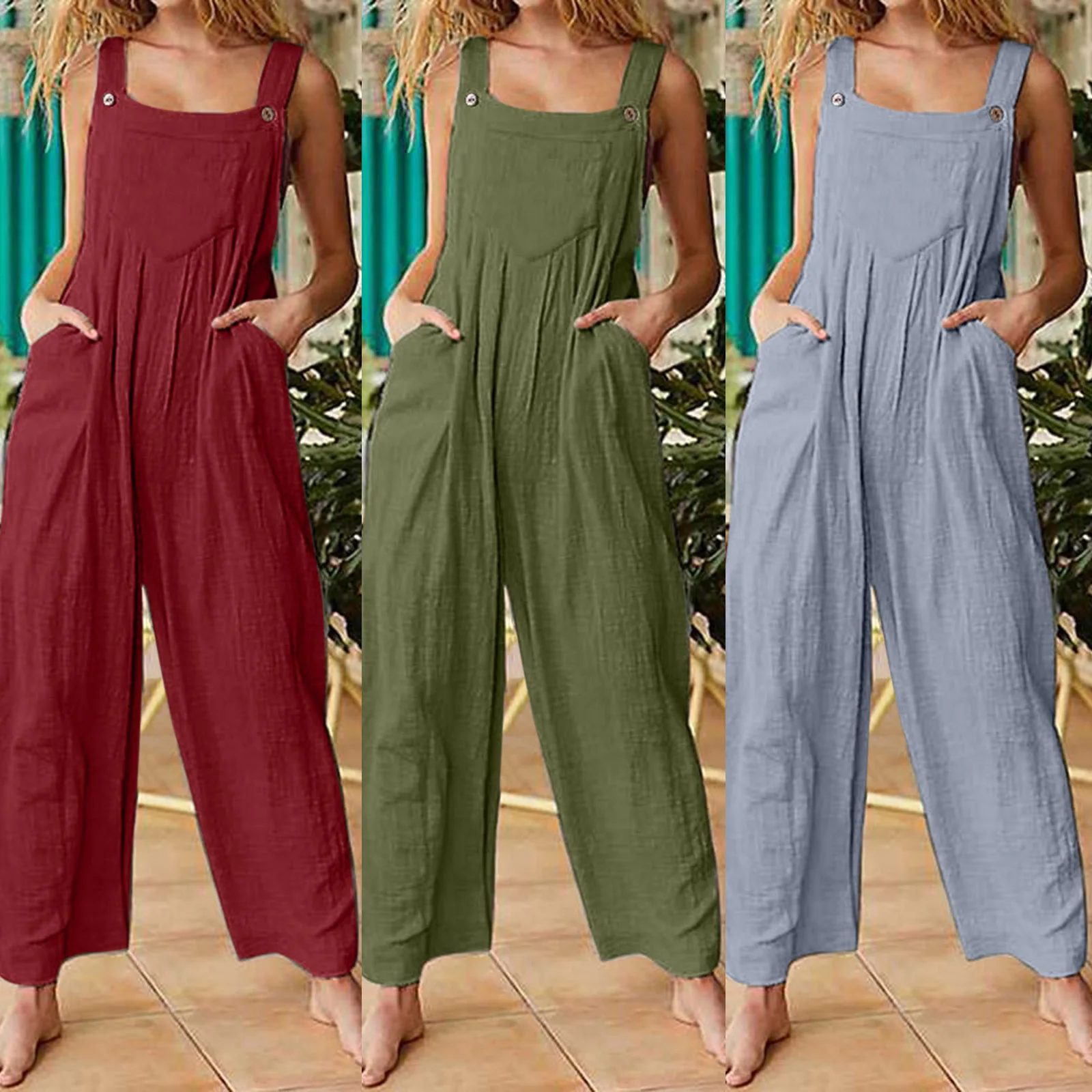 Summer Ladies Bib Pant Suspender Trouser Loose Casual Female Women Solid Wide-Leg Overalls Jumpsuit One-Piece Romper Streetwear