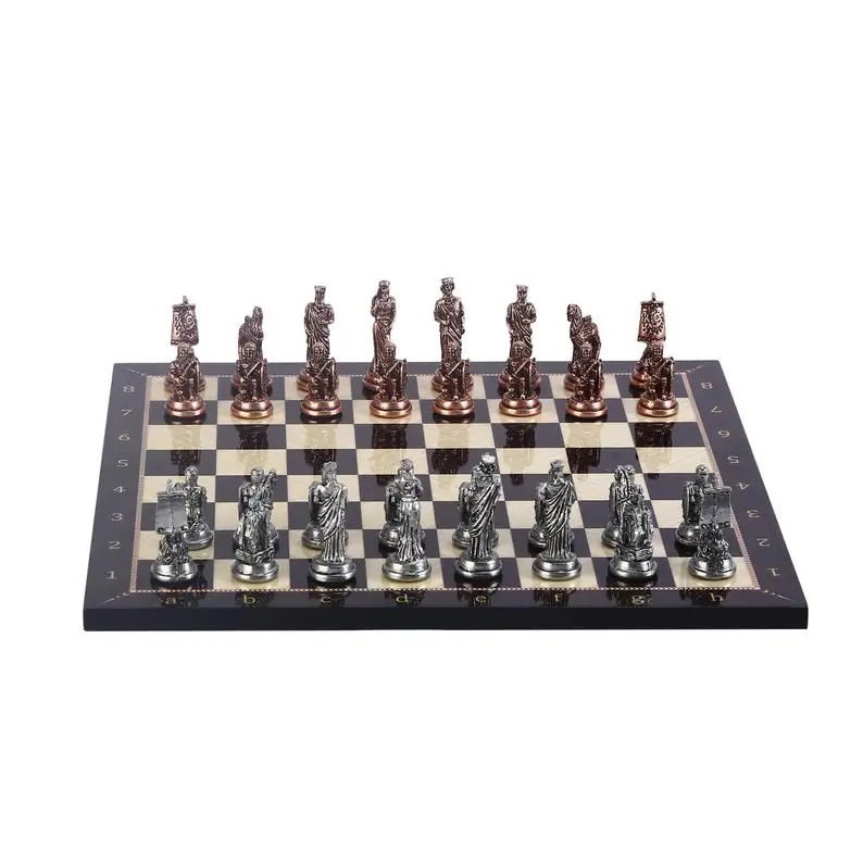 Historical Antique Copper Troy Figures Metal Chess Set for Adult, Handmade Pieces, walnut Patterned Wood Chess Board King 6 cm