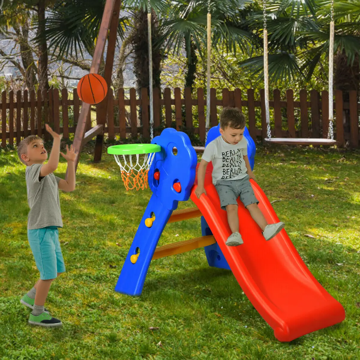 2 Step Children Folding Slide w/ Basketball Hoop For Kids Indoor & Outdoor  TY326361