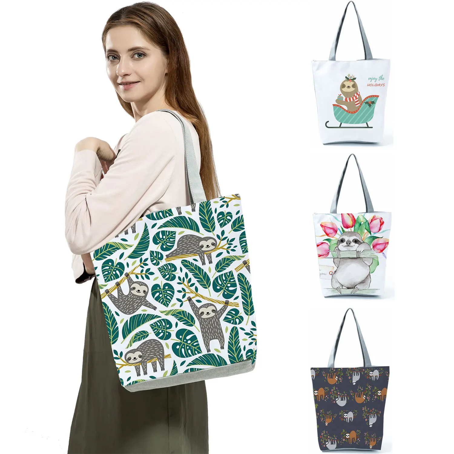 

Cute Sloth Print Grocery Totes Women Foldable Shopping Bags Students Shoulder Bag Eco Storage Shopper Reusable Big Size Handbags