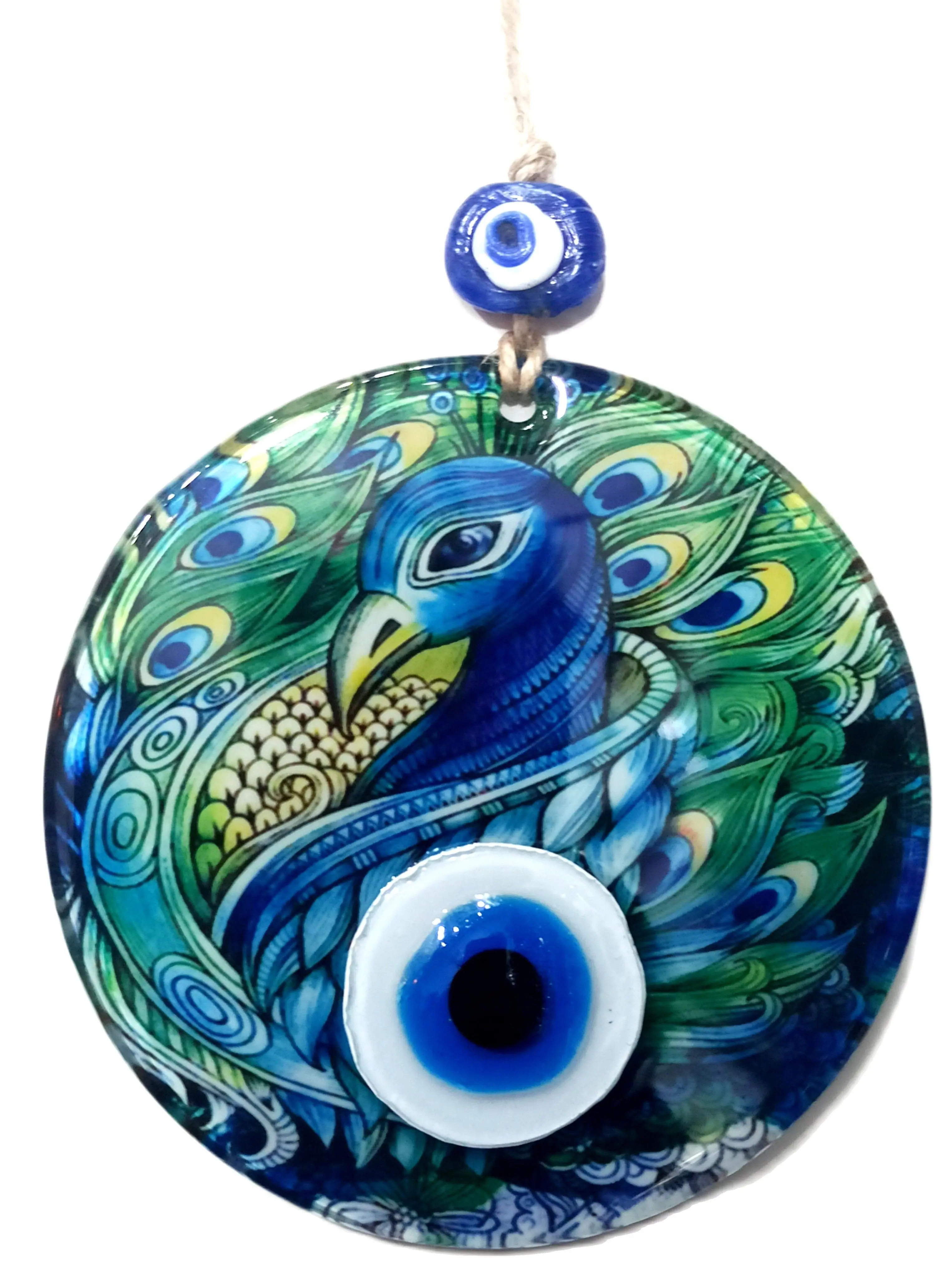 Handmade 12 Centimeter Diameter Wall Decoration With Peacock Pattern Fusion Glass Evil Eye Beads