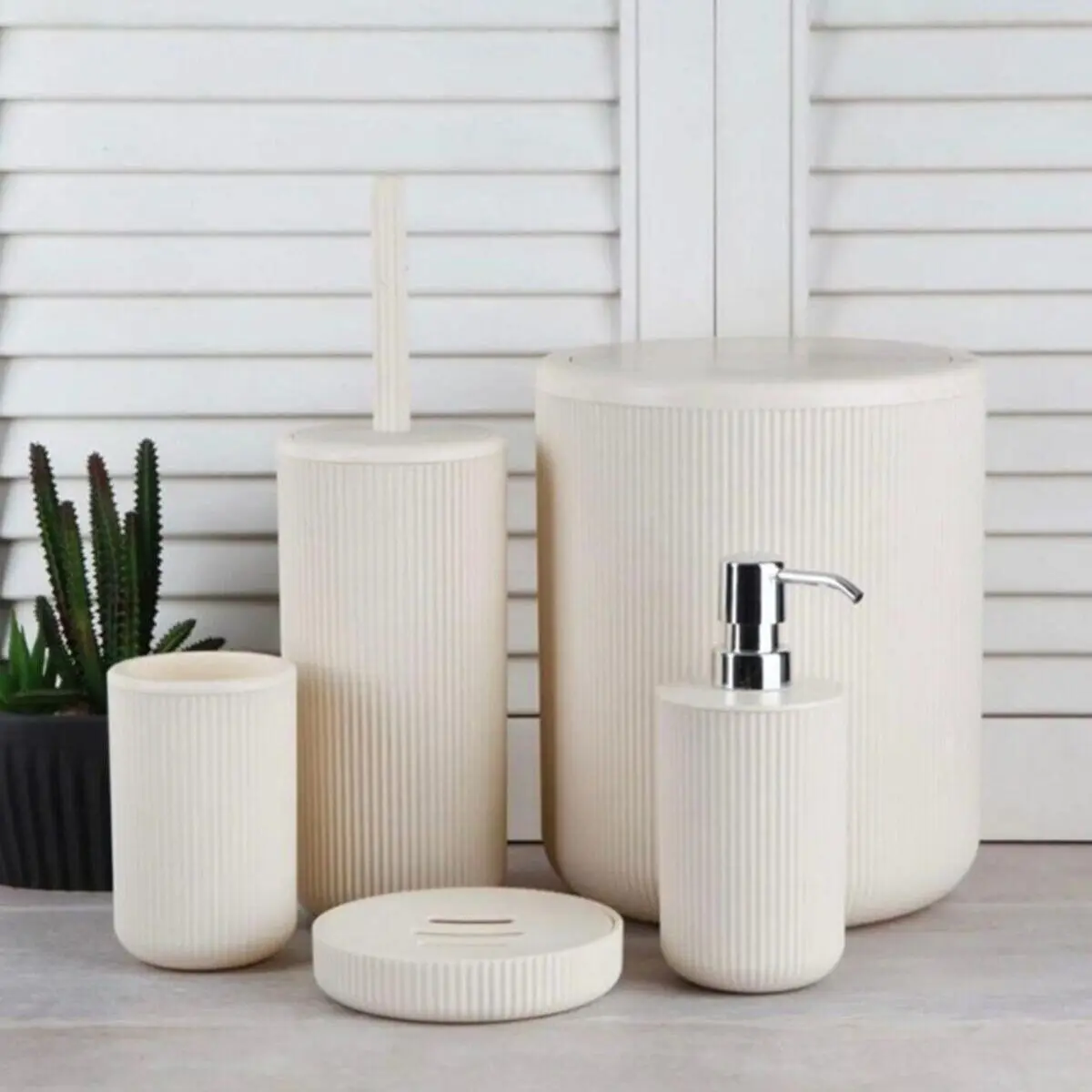 5 Pcs White Bathroom Set For Home Design Liquid Soap Dispenser Solid Soap Dispenser Trash Can Toothbrush Holder Toilet Brush