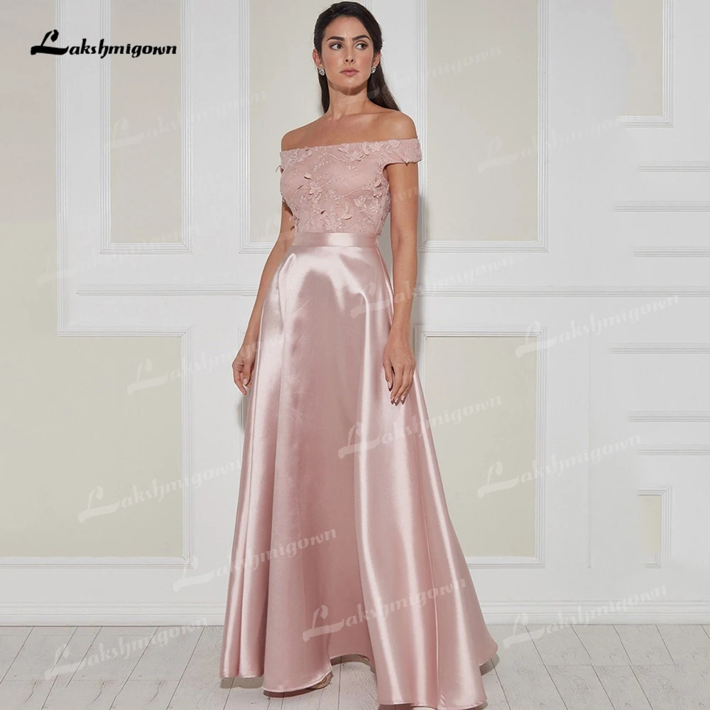 Elegante 3D Blume Spitze Mutter Der Braut Rosa Off-Die-Schulter Maxi Kleid Bodenlangen Satin a-line Hochzeit Gäste