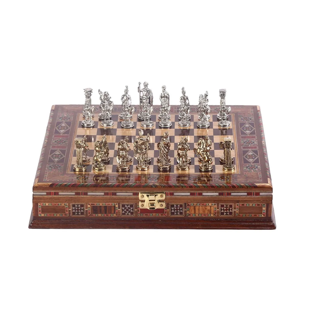 

Historical Figures of Rome Metal Chess Set, Handmade Pieces, Natural Solid Wooden Chessboard, storage Inside Small Size King 4.8cm