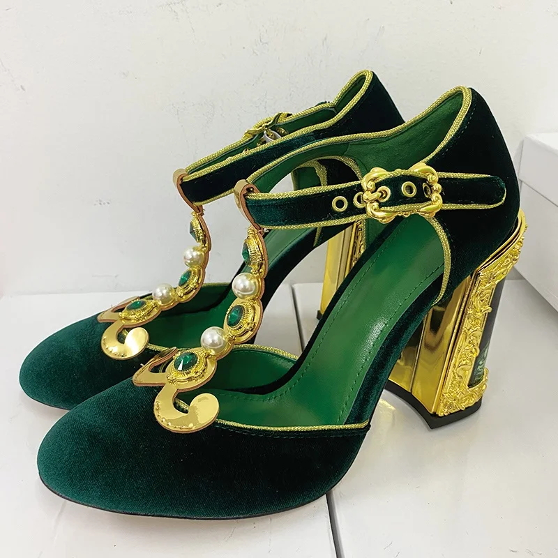 Zapatos de tacón alto grueso para mujer, sandalias sexys con decoración de Metal, punta redonda, cubierta de hebilla en el tobillo, color verde, para verano