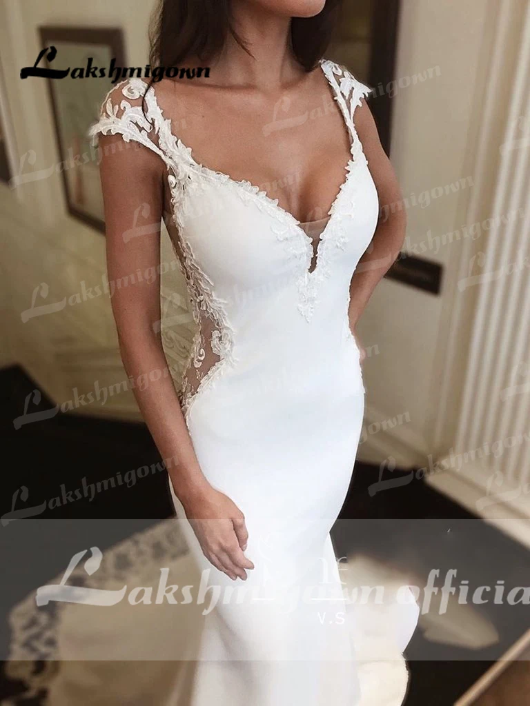 Profundo decote em v mangas curtas sem costas sereia vestido de casamento com trem em forma apliques rendas vestidos de casamento personalizado vestido de noiva