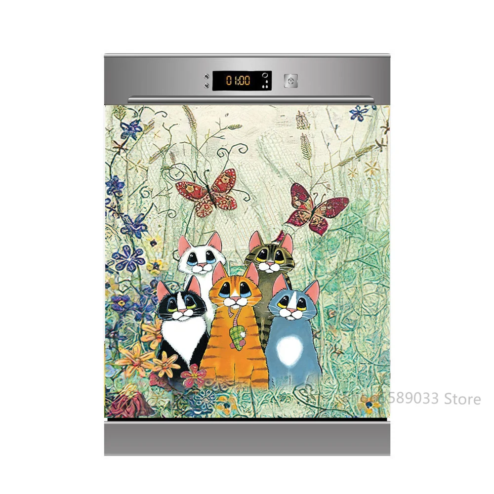 Dishwasher Vinyl Sticker Vintage Decoration Animal Flower Decal Washing Machine Sticker Furniture Renovation Wallpaper Adhesive