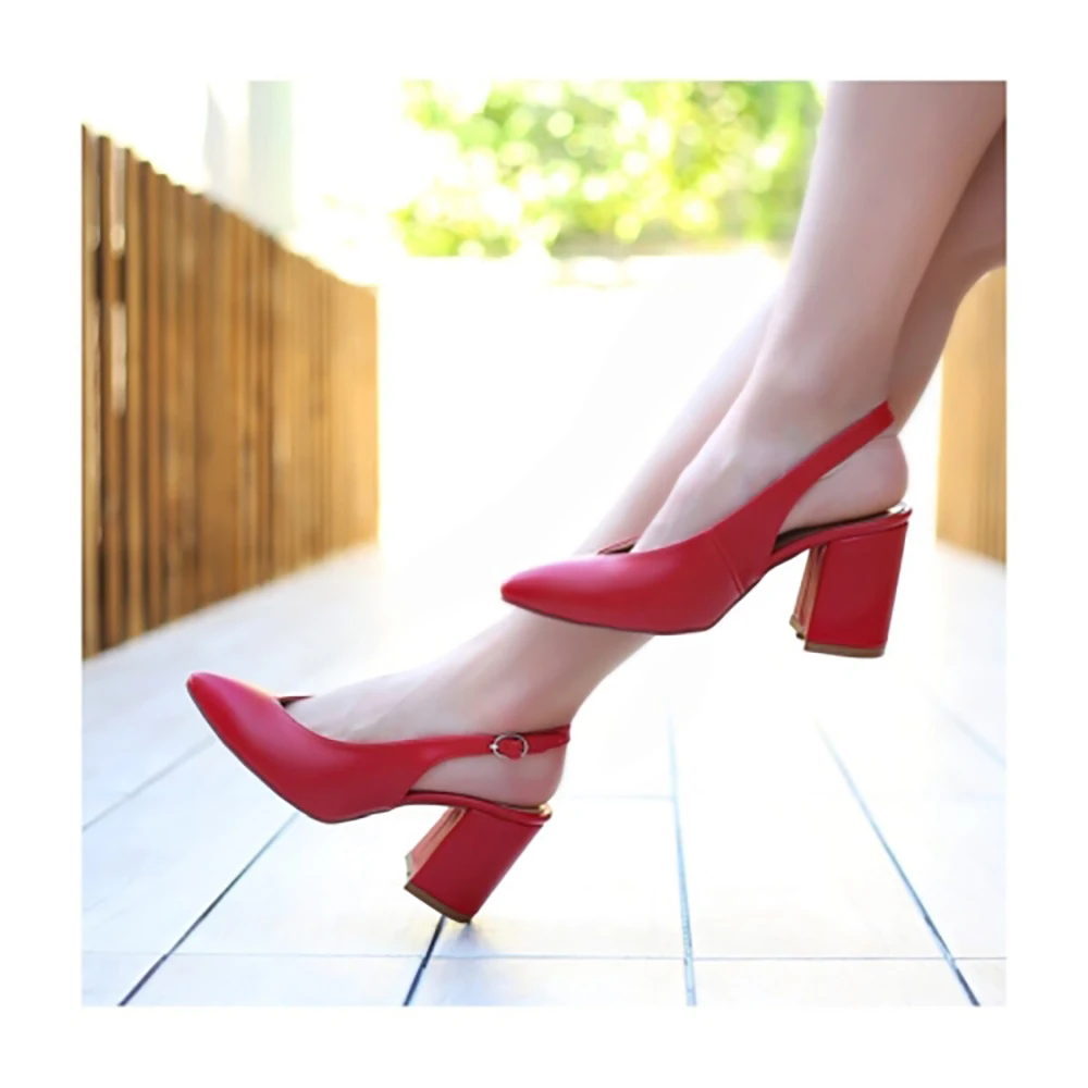 Red Faux Leather Ankle Strap Women Sandals Pointed Toe Heels for Women Thick Heel Pumps for Women 7 cm Heels Women Ladies Pumps