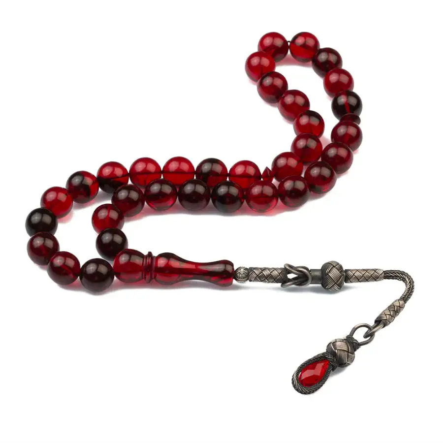 Silver Wavy Red Amber Gemstone Prayer Rosary Men Sphere Cut Rosary With Silver Tassel Arabic Tasbih With Drop Model Tassel