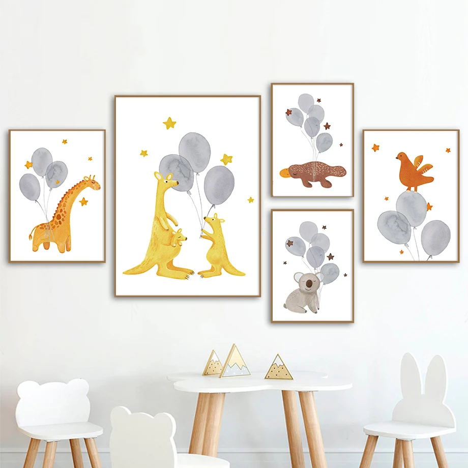 Animal Balloon Cartoon Giraffe Platypus Koala Kangaroo Nursery Art Canvas Painting Posters Prints Wall Pictures Kids Room Decor