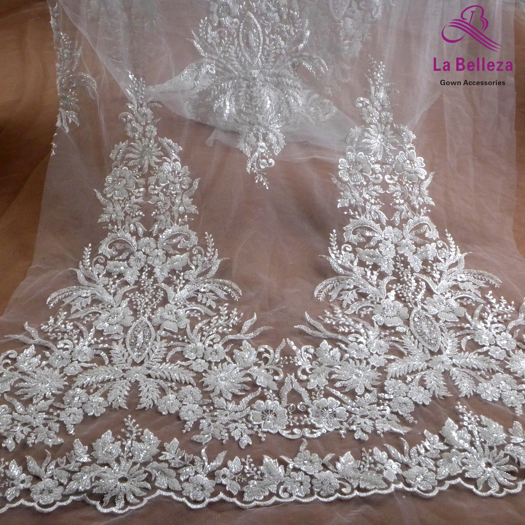 1 yard white bridal fabric, sequins beads embroidery wedding dress lace fabric,two side patterns gown lace,ivory gown lace