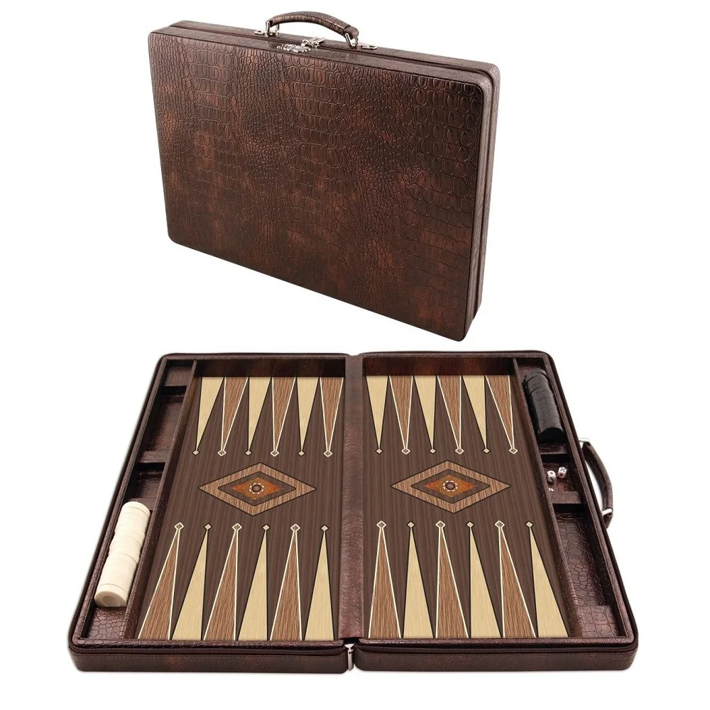 Backgammon Leather Set Luxury Board Wooden XXL BROWN Leather Orient with Handle Checkers Family Party Adult Entertainment Games