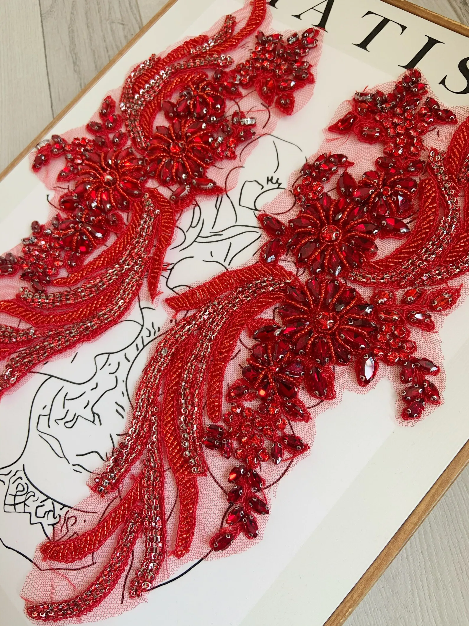 

Red Heavy Bead Crafted Rhinestone Applique For Bridal For Couture, Dance Costume