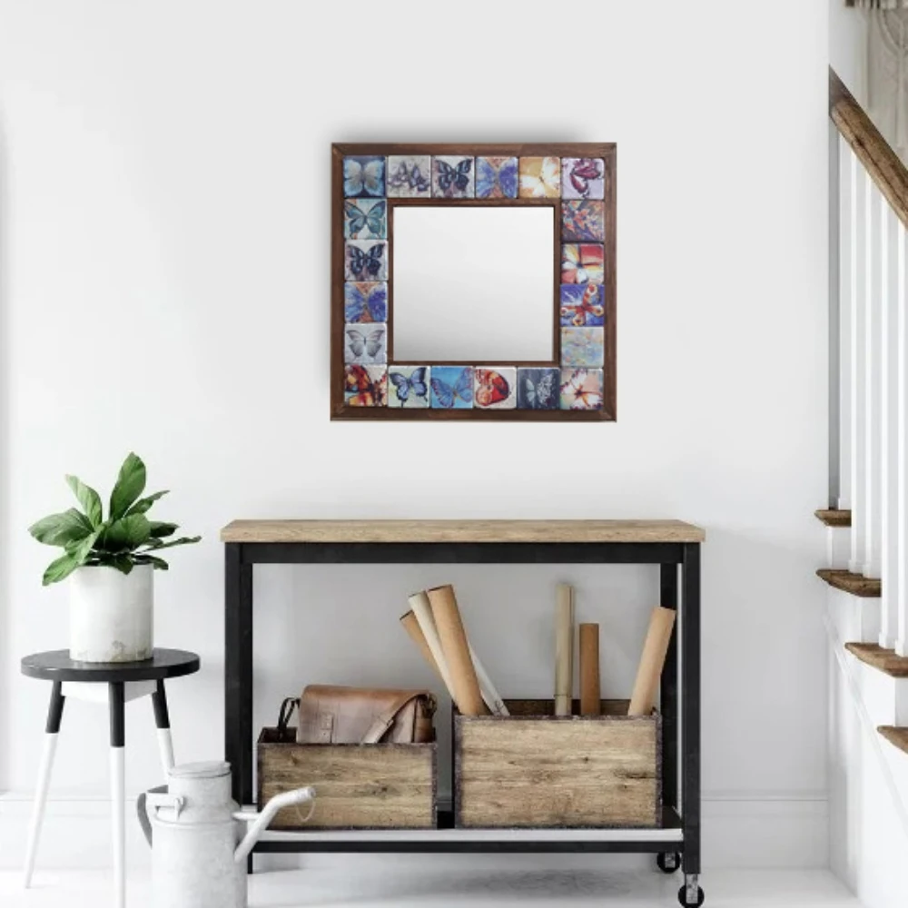 Handmade Wall Mirror Decorative Natural Stone Wooden Framed Art Decor Vintage Mosaic Printed Tile Square Gift Hang 33cmx33cm