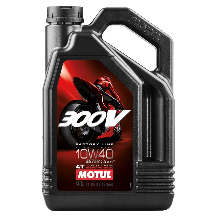 Motul 104121 motor oil for motorcycles 300V FL ROAD RACING 10W40 4L. Synthetic 100% lubricant biker