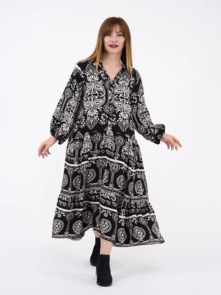 

Regina Patterned Four-Buttoned Lantern Sleeve Cotton Fabric Long Viscose Dress 2022 New Fashion Women Clothing