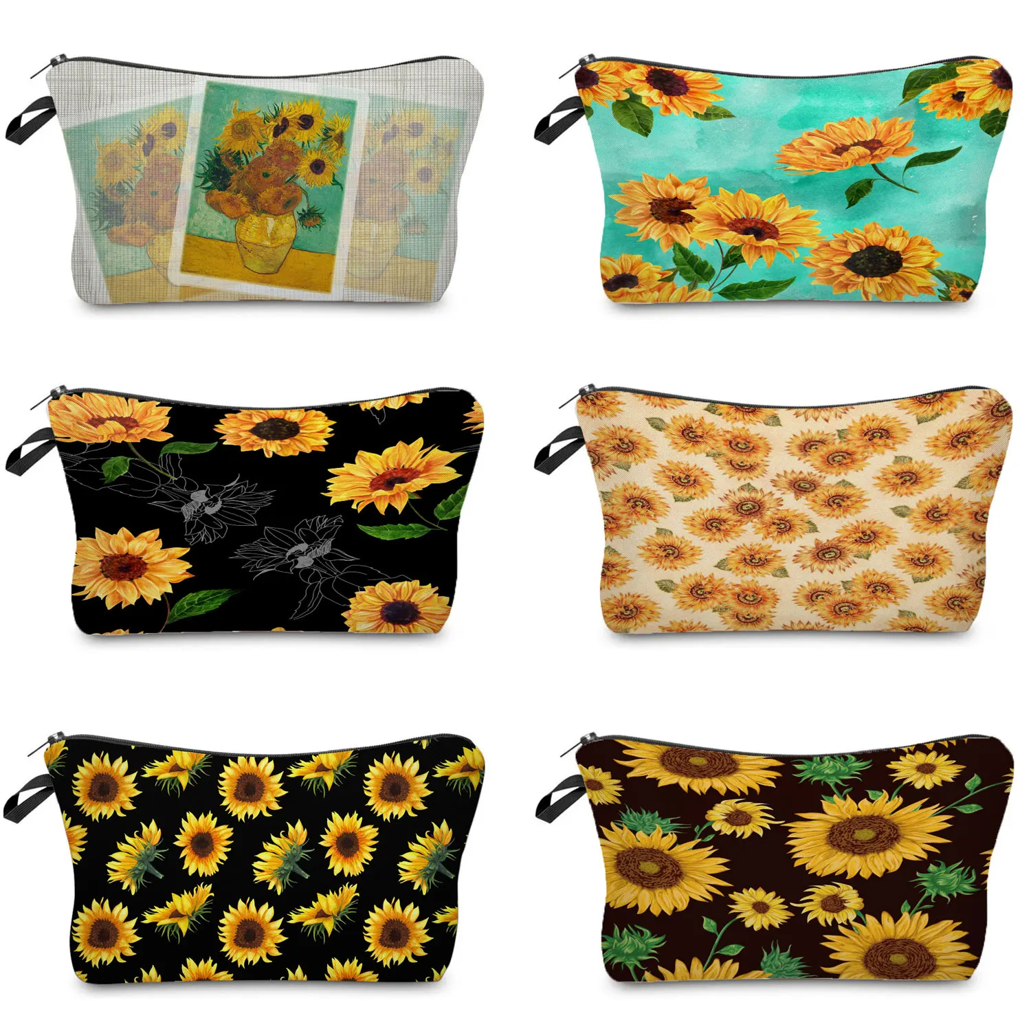 Sunflower Print Fashion Women\'s Makeup Bag Portable Toiletry Pouch With Zipper Storage Purse Female Cosmetic Brush Tools Bags