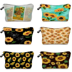 Borsa da trucco portatile da donna con stampa girasole borsa da toilette portatile con cerniera borsa per attrezzi cosmetici femminili