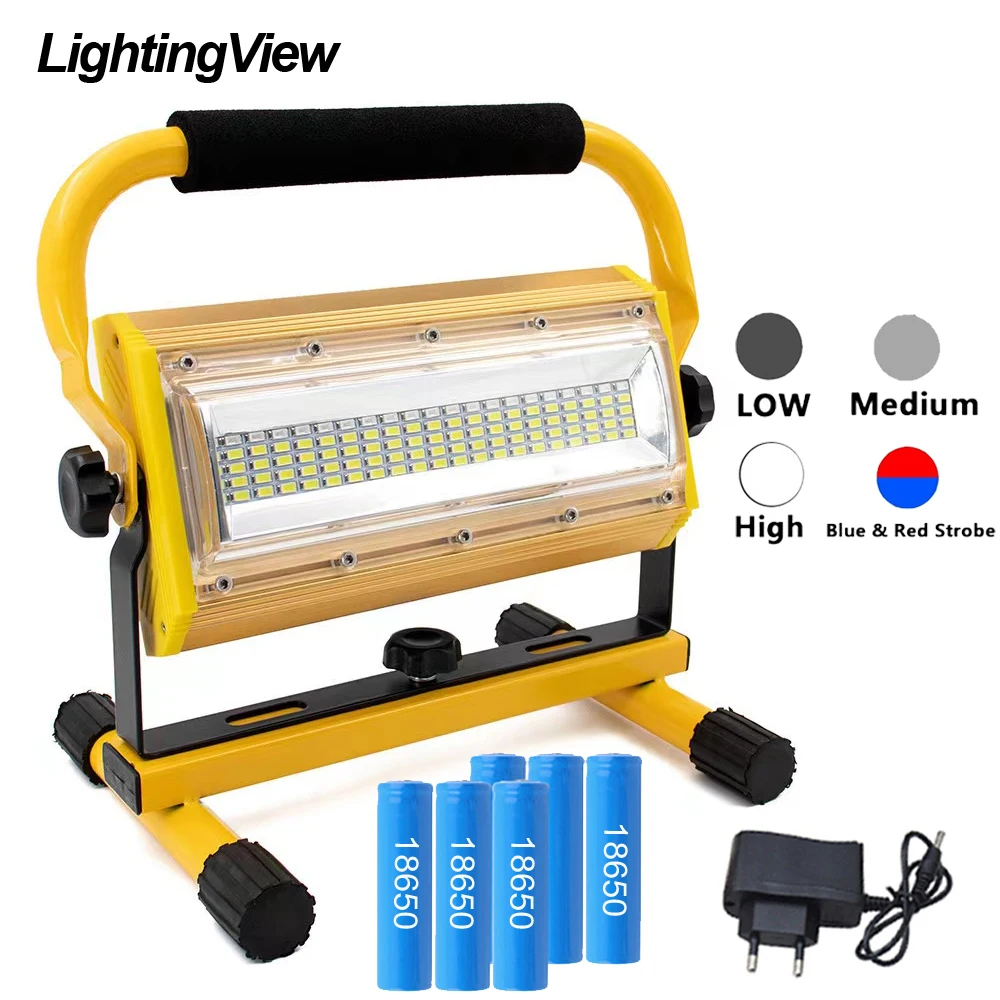 Flood Light 100W 3 Working Mode Metal Outdoor Indoor LED Portable Floodlight Construction Lamp with 6pcs Rechargeable Batteries