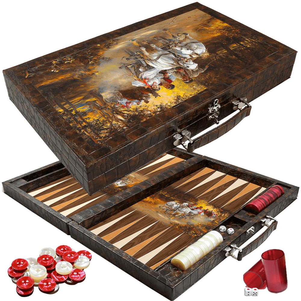 Backgammon Leather Luxury Board Wooden Set XXL Size Country Wedding Pattern Checkers Family Party Adult Entertainment Games