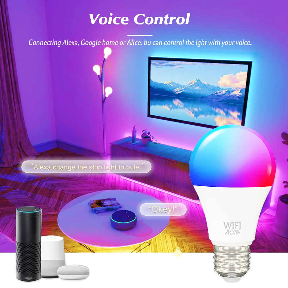 Tuya 15W E27 WiFi Smart Light Bulb RGB Dimmable Led Light Smart Lamp, Support Tuya Smart Life Yandex Alice Alexa Google Home