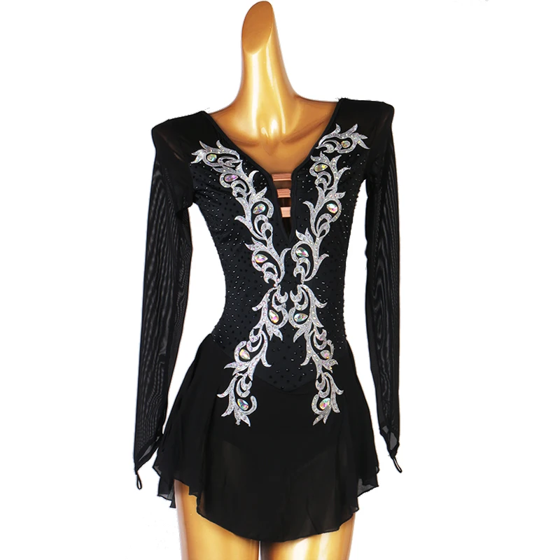 black white Figure Skating Dress Women girl Ice Skating Dress Gymnastics Costume custom crystal rhinestone B124