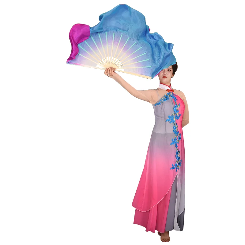 Women Bellydance Silk Veil Pairs Adults Real Silk Fan Veil Double Sided Bamboo Long Fan Hand Dye Blue Pink Flowy Dancer Props