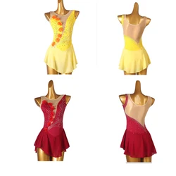 New red yellow Figure Skating Dress Women girl Ice Skating Dress Gymnastics Costume custom crystal rhinestone  B100