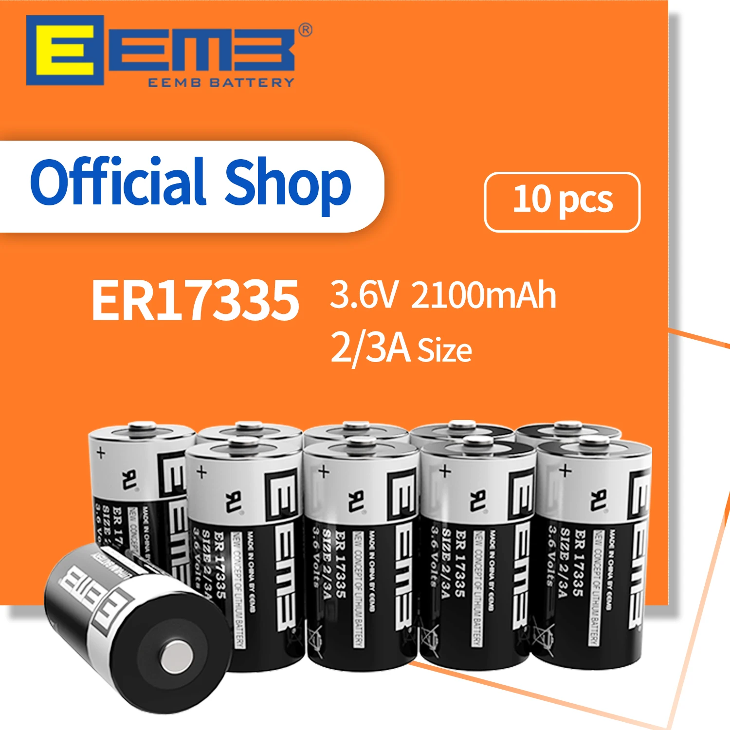 

EEMB 10PCS 2100mAh 3.6V Lithium Battery ER17335 2/3A Size Batteries Non-Rechargeable Battery for Alarm Water Meter Window Sensor