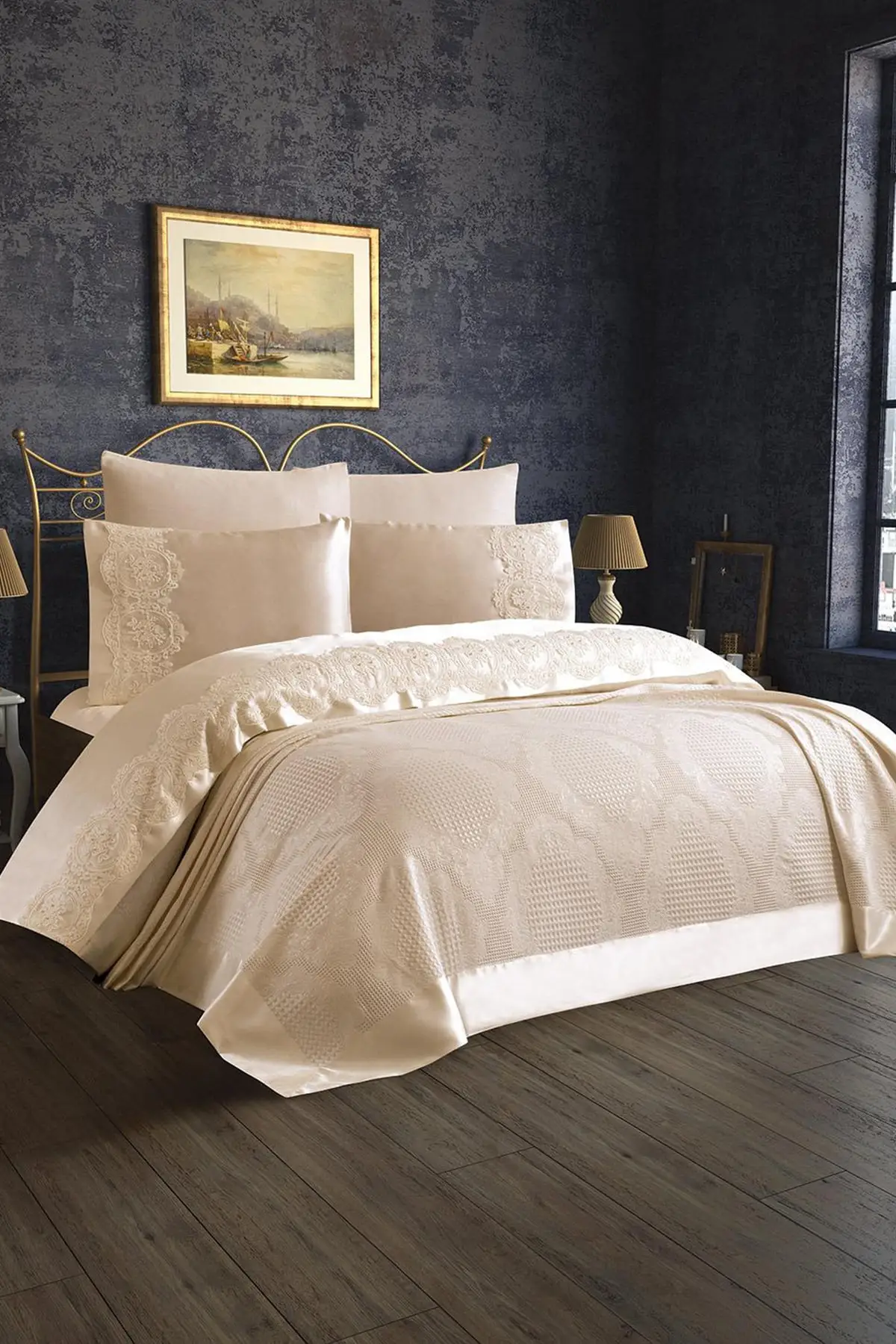 

Elegant Double Pearl Embroidery Pique Set 6 Pieces Bed Sheet Bed Cover Plain Lacey Pillowcases Quality Bed Lining - Lorena