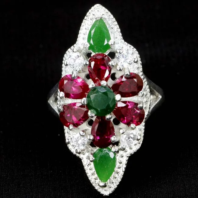

925 Solid Sterling Silver Rings 32x15mm 7g Real Pink Sapphire Green Emerald Blue Sapphire Green Amethyst