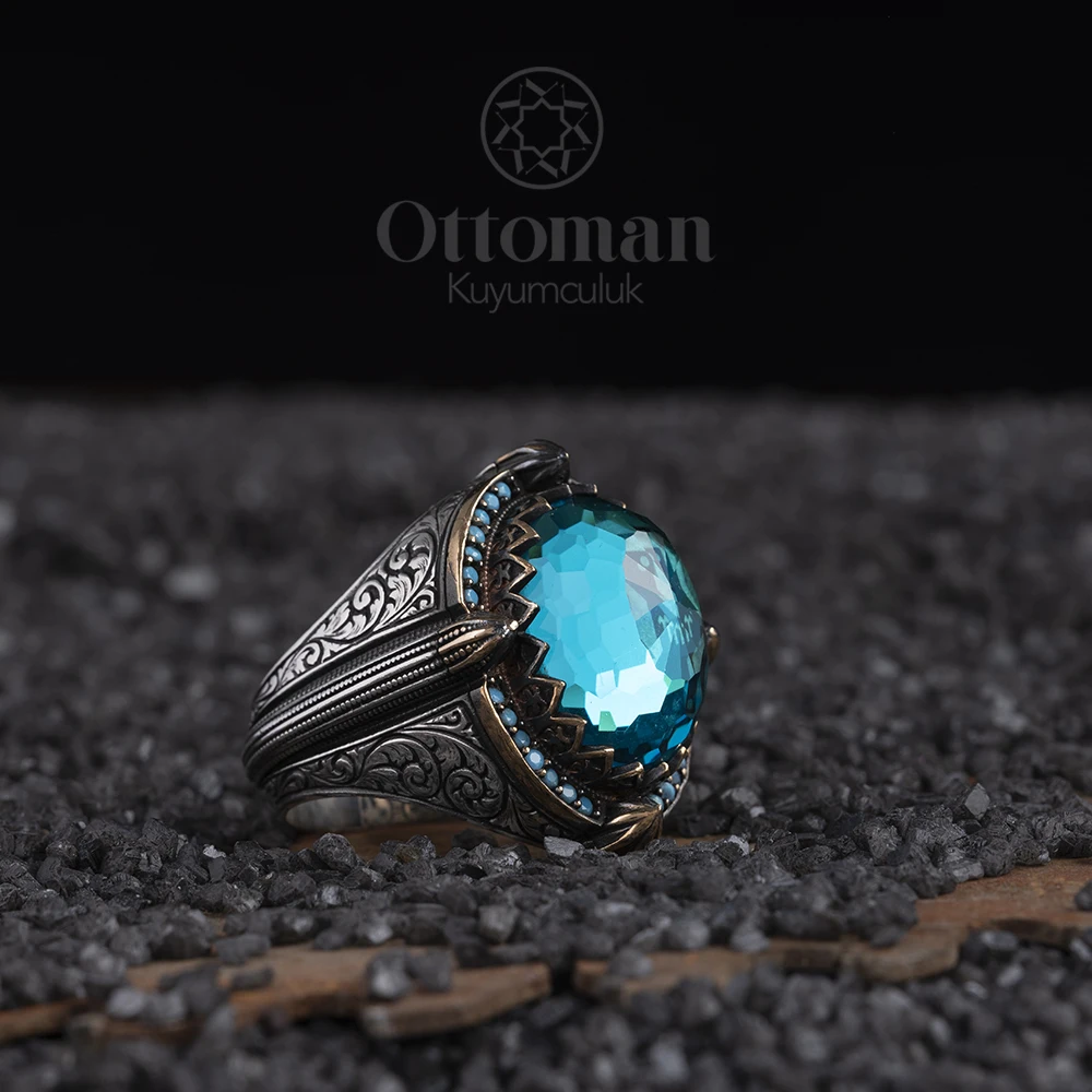 

Oguz Kagan Turquoise Silver Ring, Turkish Handmade Silver Ring, 925K Sterling Silver Ring, Ottoman Silver Ring, Gemstone Ring