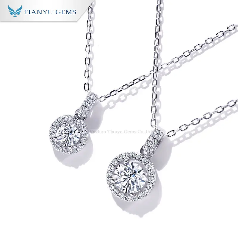 Tianyu Gems 1ct Moissanite Hanger Kettingen Zilver Vrouwen 5Mm Ronde Edelstenen 18K Wit Vergulde Trouwketting 925 Sieraden