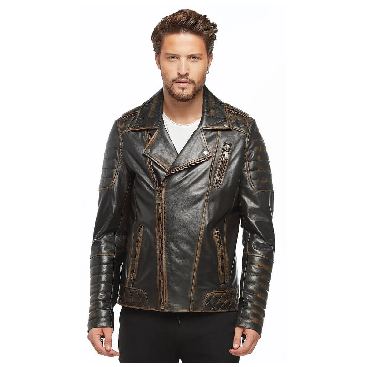 Tan Tumbled Male Biker Montu Orjinal Lambskin Autumn Winter 2022 Biker Slim Large Size VintageTürkiye