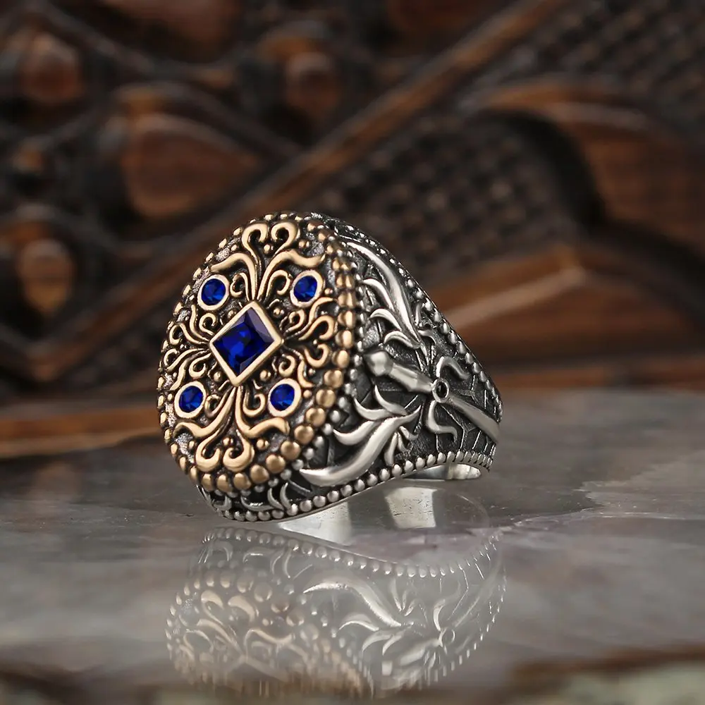 Zircon Stone Swordsman Silver Men 'S Ring