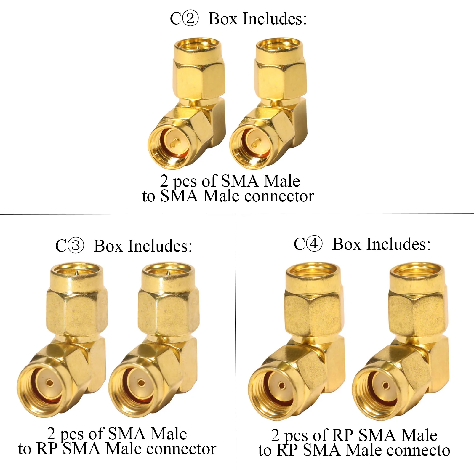 3 tipo/lote 2 pc/lote kit conector sma conversor de cotovelo sma adaptador coaxial de 90 graus macho para macho antena de ângulo reto