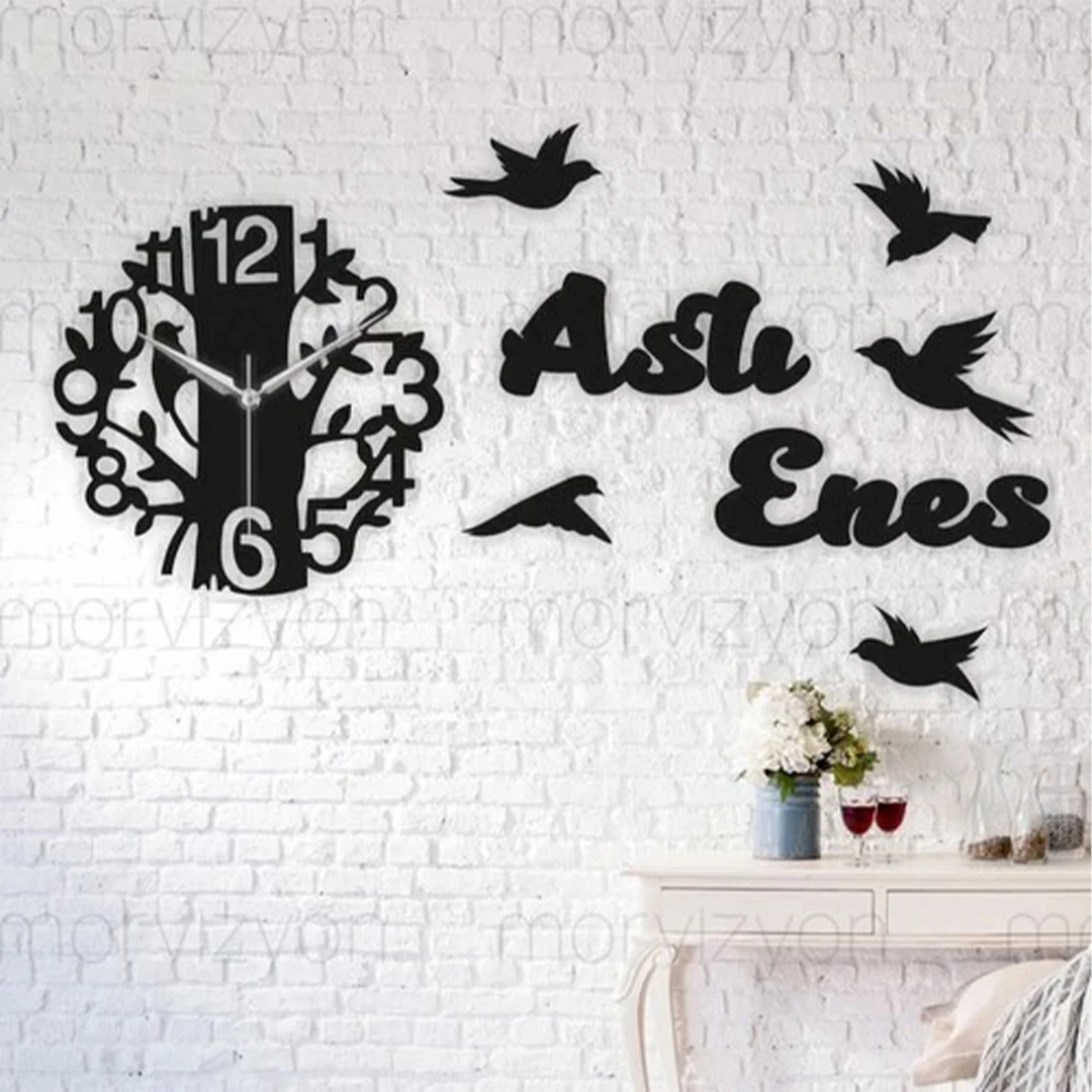 

Personalized Wooden Wall Clock with Bird and Tree Design - 2 Names for Your Lover, Child or Friend Send Us a Message