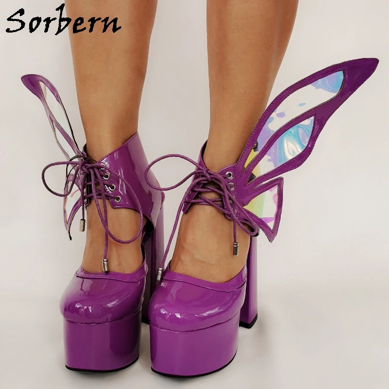 

Sorbern Purple Holo Butterfly Women Pump Shoes Block High Heel Visible Platform Ankle Wrap Open Heel Crossdresser Fetish Shoe