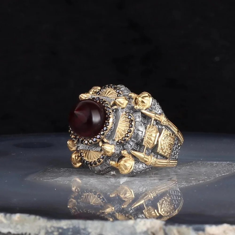 

Hagia Sophia Mosque Ring, 925K Sterling Silver Rodage Coated Jewelry, Burgundy Gemstone Fine Workmanship Handmade Accessory