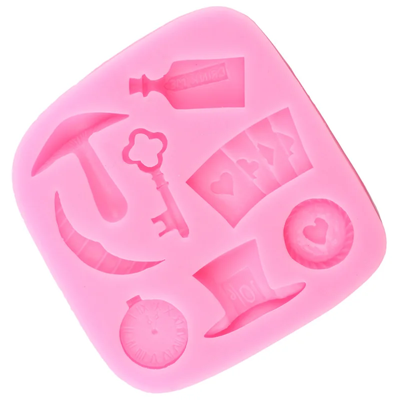 Alice Wonderland Silicone Mold Poker Magic Clock Key Fondant Molds Cake Decorating Tools Candy Clay Chocolate Gumpaste Moulds