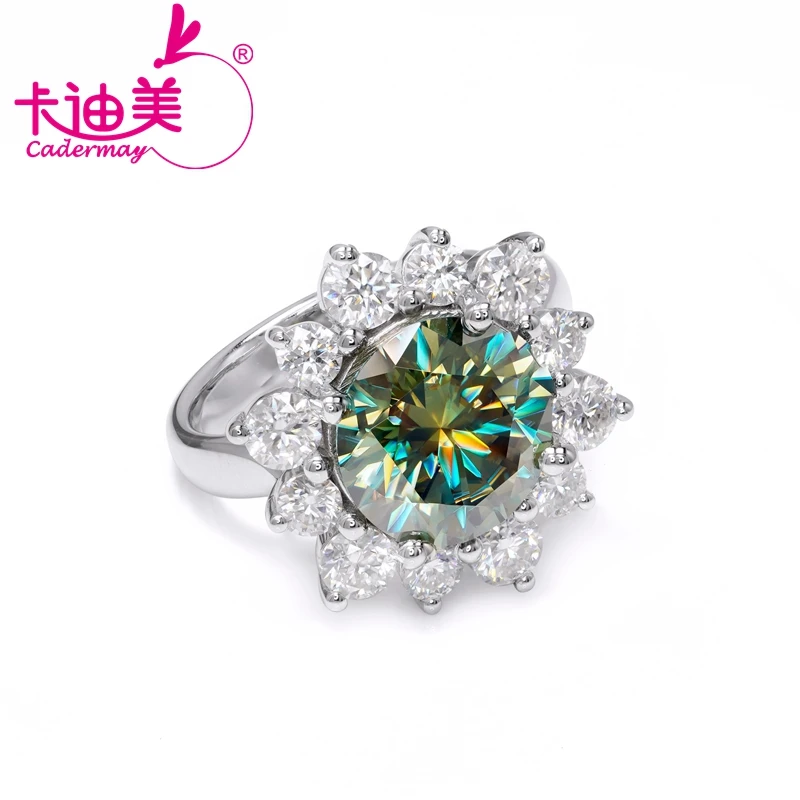 CADERMAY Unique Style S925 Sterling Silver Rings for Women 12mm Yellow Green Sunflower Shape Moissanite Fine Jewelry Gift