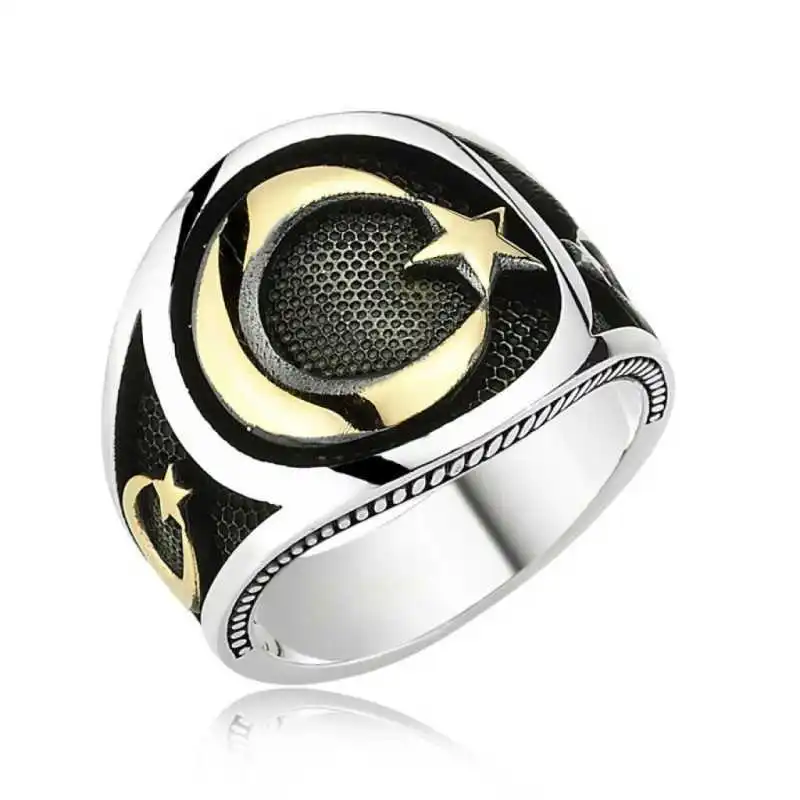 Silver Moon Star Men's Ring - 925 Sterling Men's Jewelry Wedding Birthday Gift - Box - Men - Fashion - Botiva - Size - Turkish - Patterned Embroidered