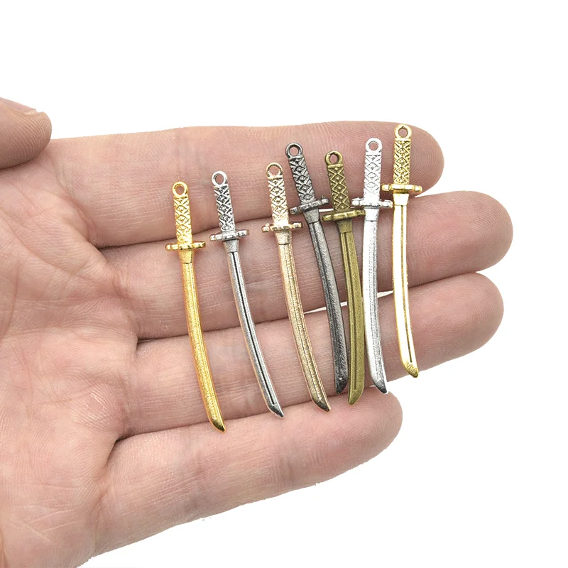 15pcs Wholesale Three Color Samurai Knife Charms Alloy Metal Katana Pendants For DIY Handmade Jewelry Accessories Making 49*8mm