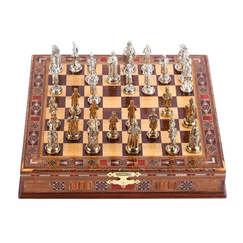 Ottoman vs Byzantine Figures Metal Chess SeT,Handmade Pieces, natural Solid Wooden Chess Board with Storage Inside King 7 cm