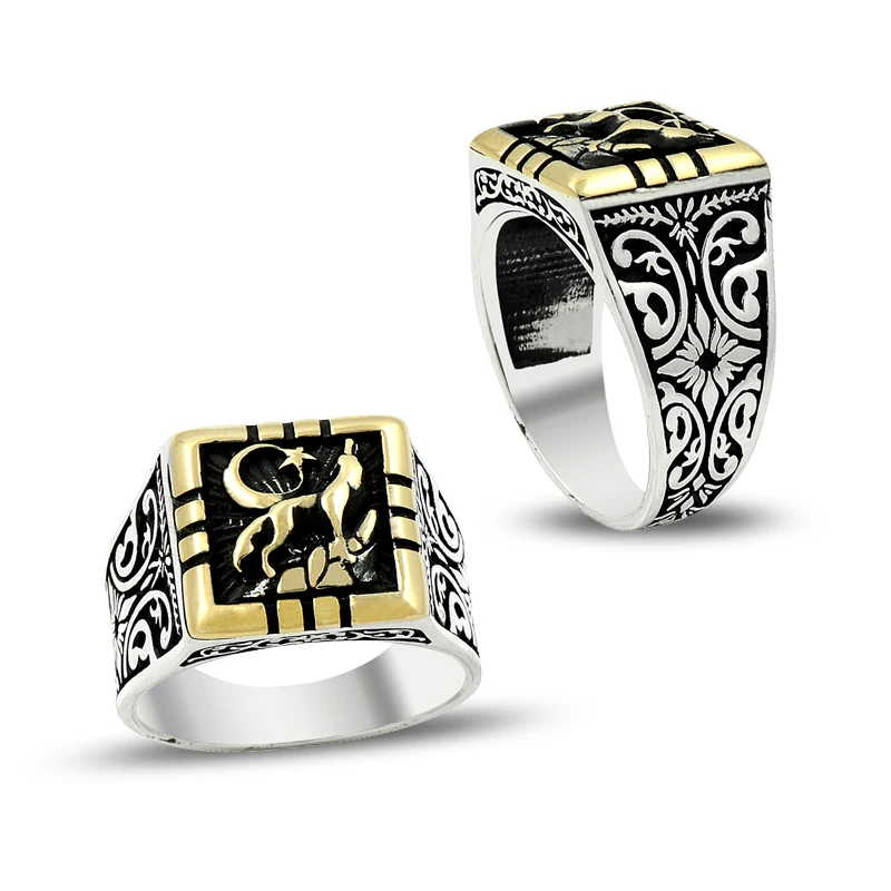 925 Silver Moon Star and Wolf Printed Rings for Nationalist