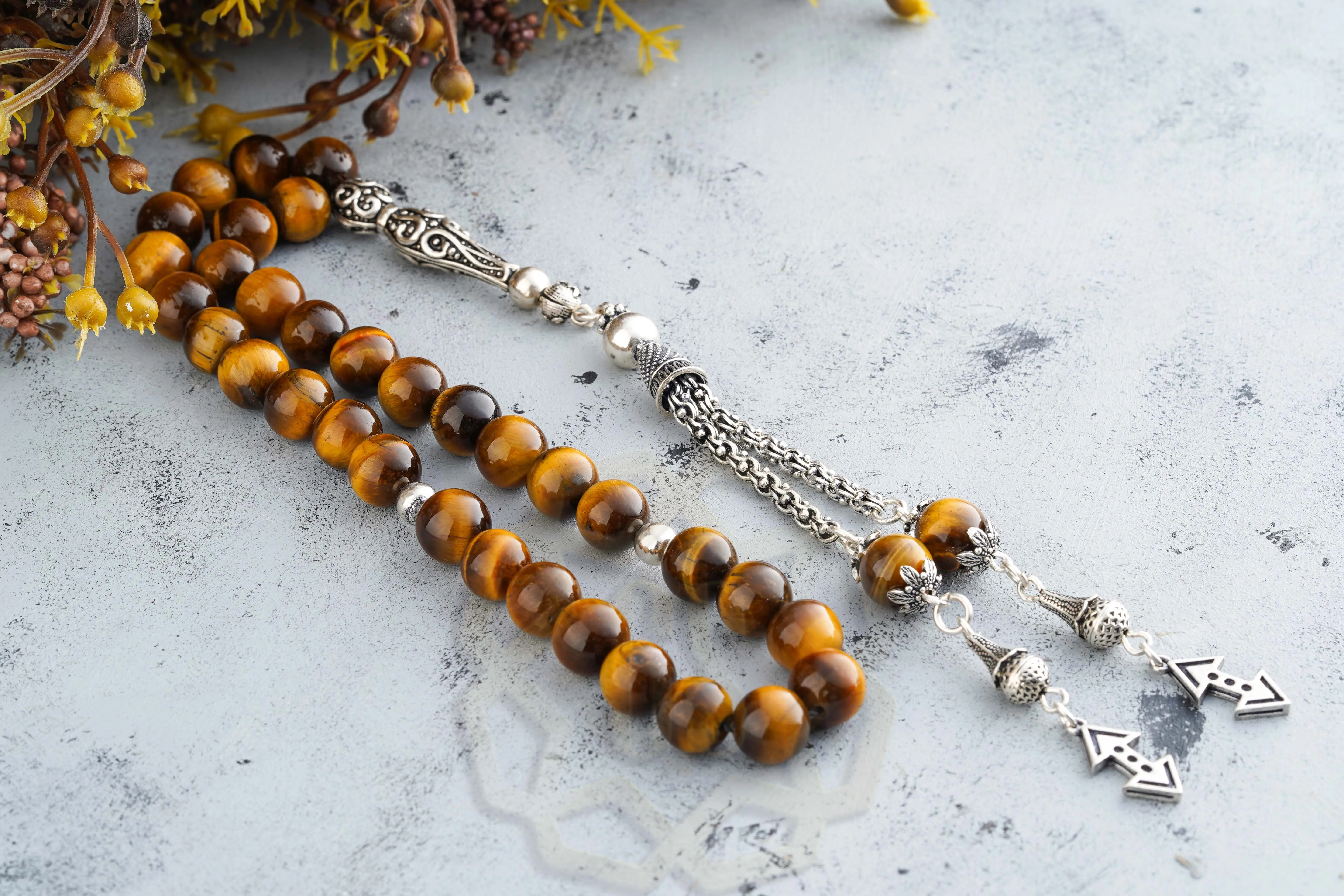 Rosary 33 Beads Silver 925 .. 100% Natural Tiger Eye Stone 10 mm .. Guaranteed High Quality .. Turkish Jewelry